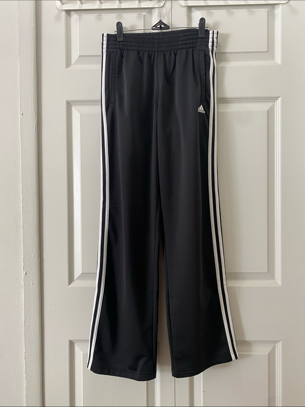 adidas Black Track Pants with White Side Stripes & Side Snaps - Size Medium